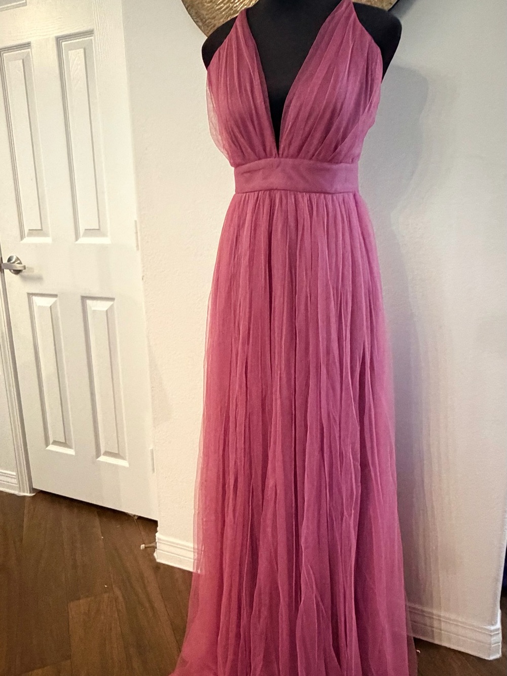V-Neck Mauve Pink Maxi Tulle Dress